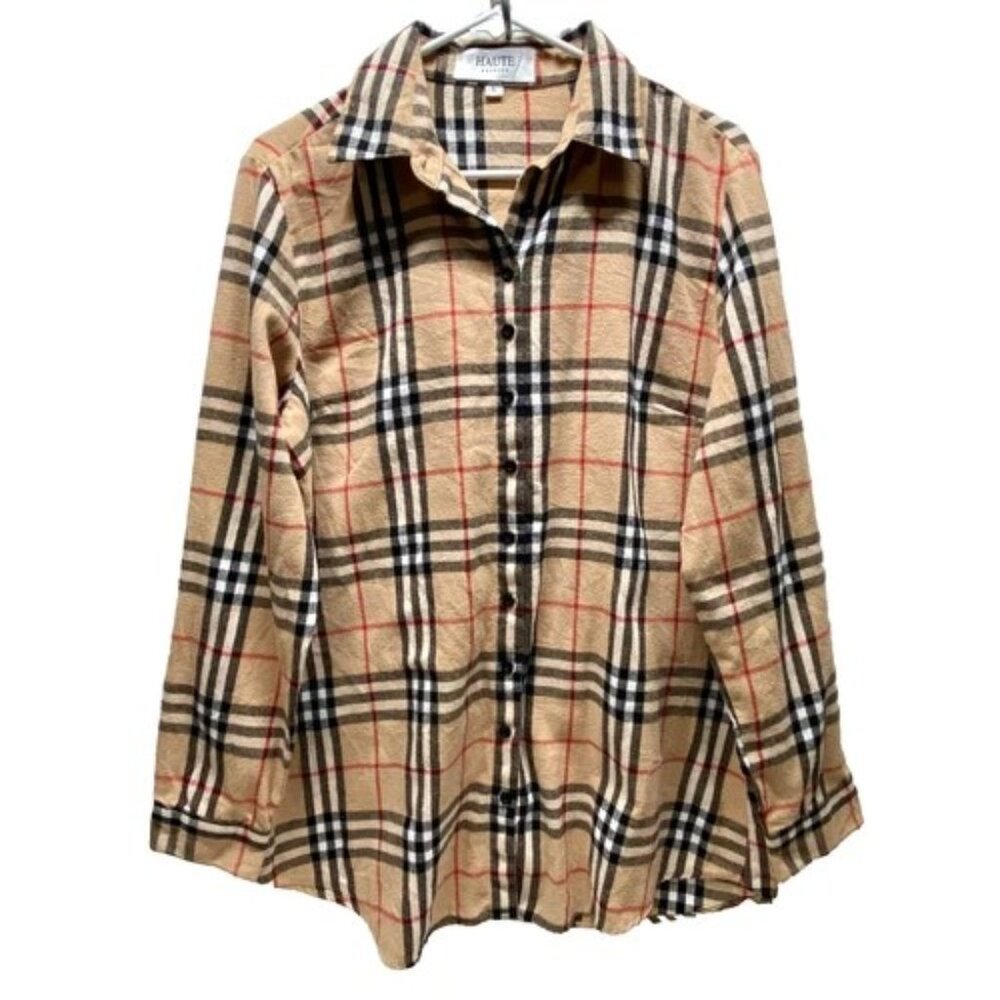 HAUTE Edition Button Down Shirt Women's Large Beige Plaid Casual Long Sleeve GUC